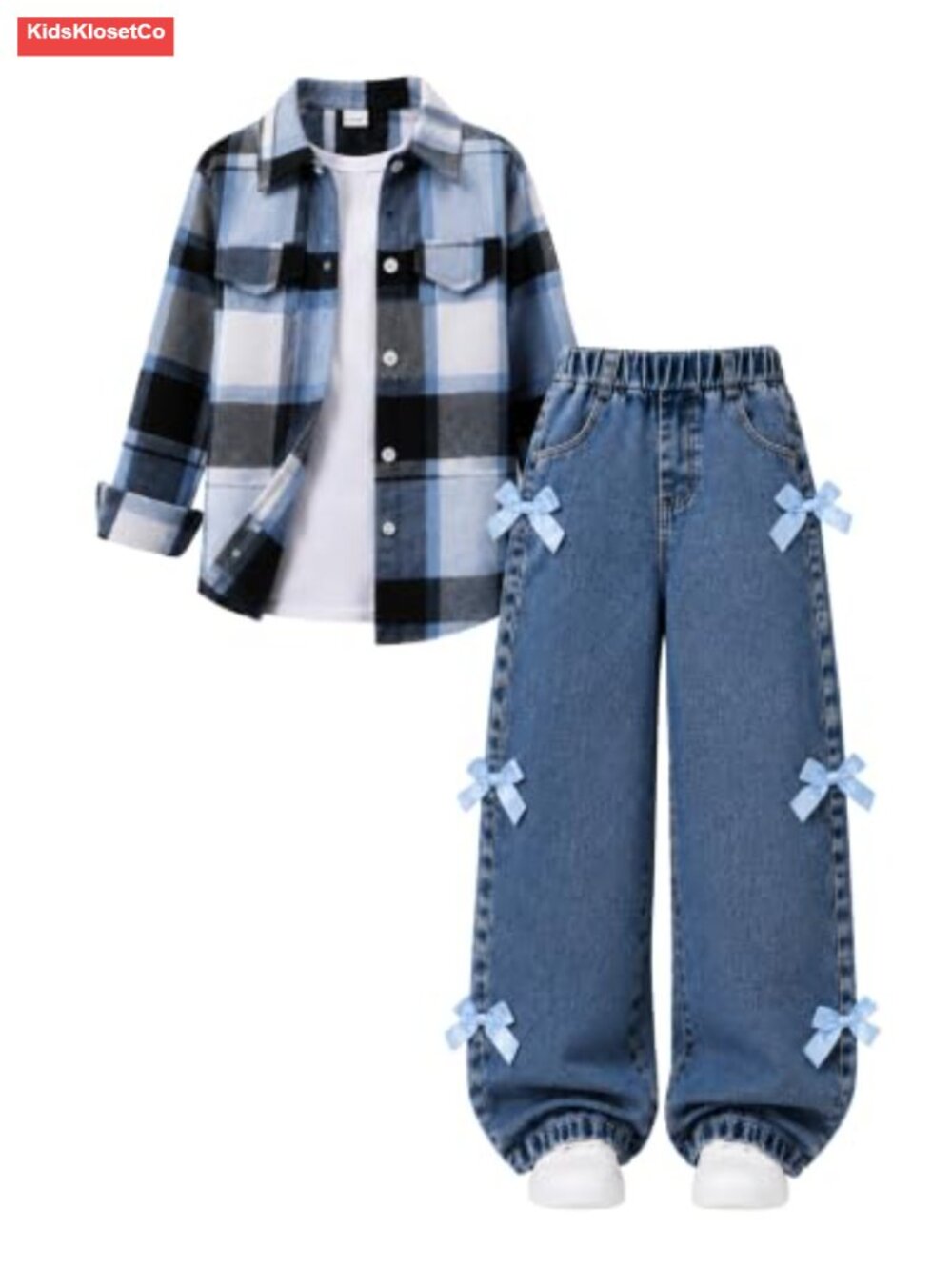 Girls Plaid Flannel Button Down Shirt and Bow Denim Jeans 2 Piece Set 7-14Y